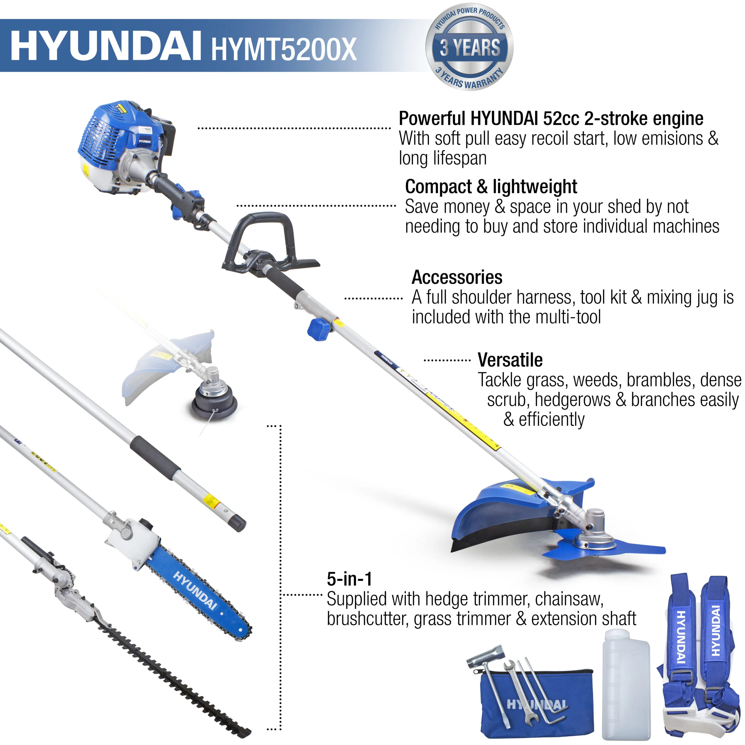 52cc petrol 5 in 1 multi tool. Comes with hedgetrimmer, pole saw, 2 string head, 3T blade, extension shaft, - Image 19