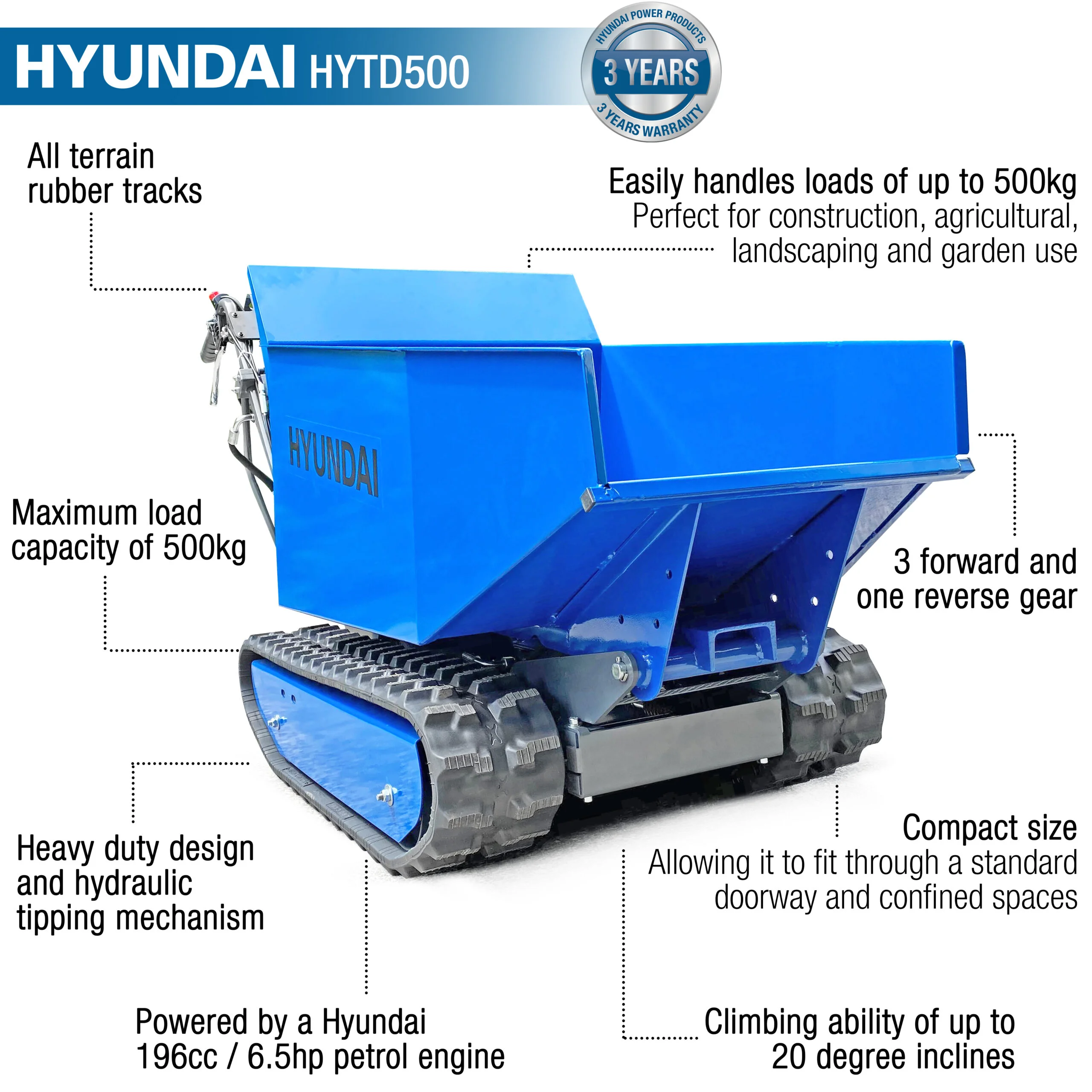 Hyundai 500kg Tracked Mini Dumper with 196cc IC200V petrol engine - Image 14