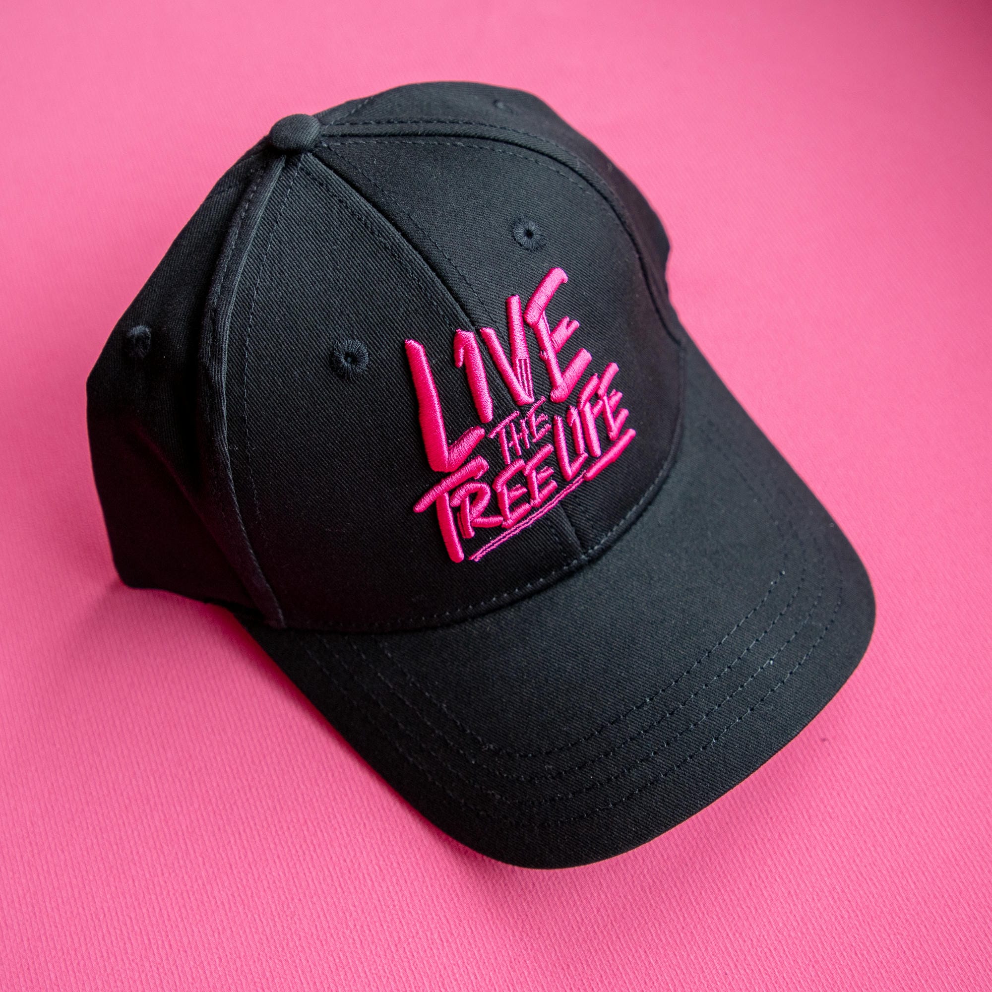 AT054 - Baseball Cap Curved Peak Live The Treelife - Black/Pink - Image 2